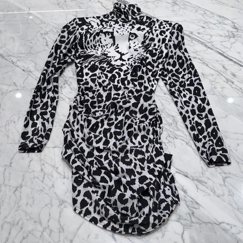 Alex Perry Ryan Leopard-print Stretch-jersey Turtleneck Mini Dress NWOT/ New - Picture 3 of 8